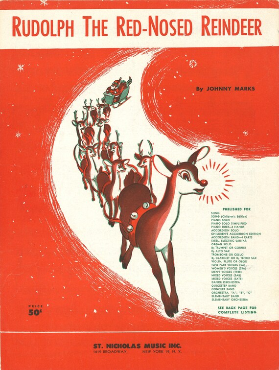 Vintage Piano Sheet Music Cover Art Rudolph The Red Nosed Reindeer
