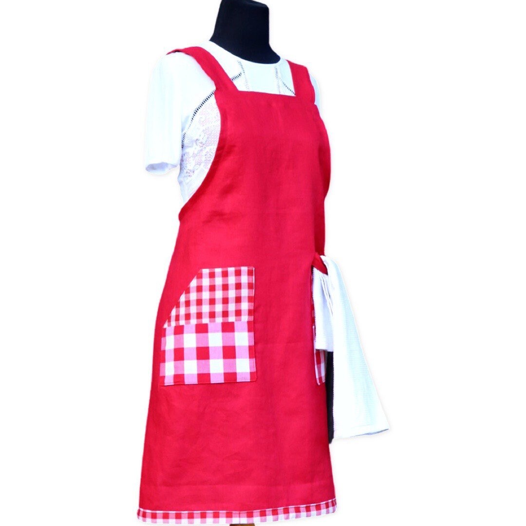Pinafore Apron, Japanese Apron, Linen Apron, Full Apron Red