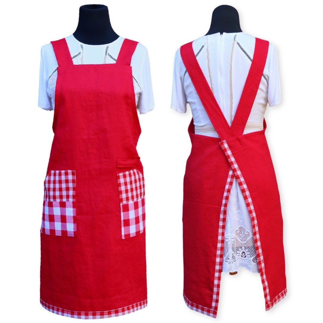Pinafore Apron, Japanese Apron, Linen Apron, Full Apron Red