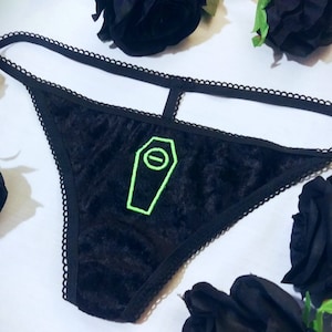 COFFIN Crushed Velvet Neon Green Embroidery Black String Panty Thong Goth Punk Pinup Lingerie Underwear