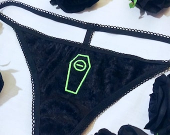 COFFIN Crushed Velvet Neon Green Embroidery Black String Panty Thong Goth Punk Pinup Lingerie Underwear