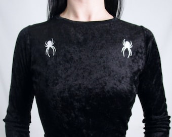Crushed VELVET Spider Embroidery Long Sleeve Women's Black Shirt Goth Pinup Top White Embroidered Spiders