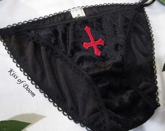 INVERTED CROSS Red Embroidery Crushed VELVET Black String Panty Womens Goth Punk Pinup Lingerie Gothic Underwear