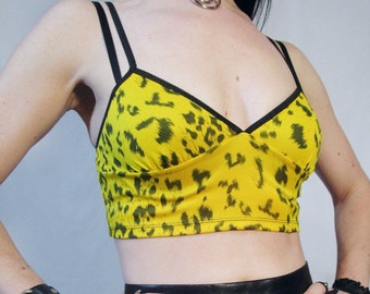 Yellow and Black LEOPARD Bright Animal Print Cami Tank Crop Top Bralette Cute Sexy Punk Alternative Pinup Small
