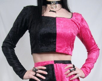 Crushed VELVET 2-Tone Pink Black Color Block Crop Top Kawaii Goth Punk Longsleeve Women's Shirt