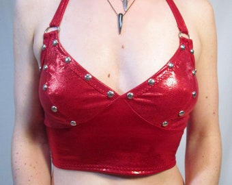 STUDDED Sleek Red Crop Tank Top Silver Metal Studs, D-Ring Halter Straps Goth Punk Rock Alternative Wear