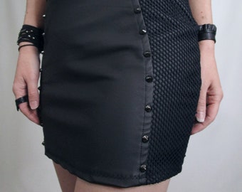 SPIKED FISHNET Overlay Stretch Faux Leather Women's Goth Industrial Punk Pinup Bodycon Matte Black Mini Skirt