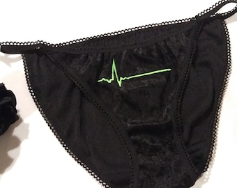 Crushed VELVET Green EKG Flatline Embroidery Black String Panty Womens Goth Alternative Pinup Lingerie