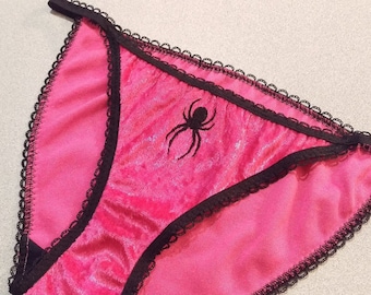 Black SPIDER Embroidery Pink Crushed VELVET String Panty Goth Lingerie Womens Sexy Underwear