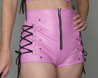 STUDDED Faux Leather LACEUP Mini Shorts Women's High Waist Matte Bubblegum Pink Goth Punk Zip Up Hot Pants