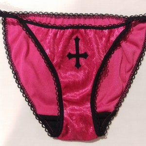 INVERTED CROSS Black Embroidery Pink Crushed VELVET String Panty Womens Goth Punk Pinup Lingerie Underwear