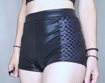 Metallic FISHNET Purple Blue Iridescent Shimmer Overlay Women's Goth Mini Shorts Black Hot Pants