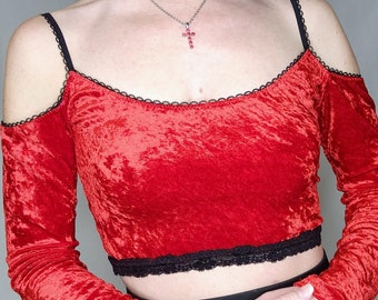 RED Crushed VELVET Black LACE Trim Cold Shoulder Women's Long Sleeve Goth Crop Top
