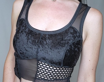 VELVET Patchwork FISHNET Mesh Women's Goth Sheer Asymmetric Black Crop Tank Top