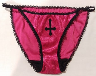 INVERTED CROSS Black Embroidery Pink Crushed VELVET String Panty Womens Goth Punk Pinup Lingerie Underwear