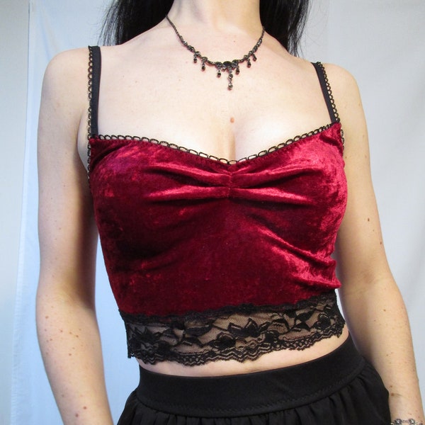 Red Crushed VELVET Black LACE Cami Tank Romantic Goth Pinup Stretch Crop Top Women's Lingerie Size Options