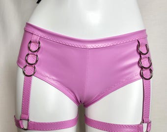 Garter Strap Stretch Vinyl Micro Mini Shorts Women's Pink Hot Pants