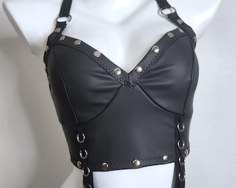 STUDDED FAUX LEATHER Black O-Ring Trim Women's Goth Crop Halter Tank Top Heavy Metal