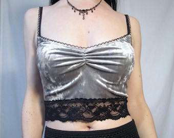 Silver Crushed VELVET Black LACE Cami Tank Gray Stretch Crop Top Goth Pinup Lingerie, Gathered Bust, Scallop Straps, Size Options