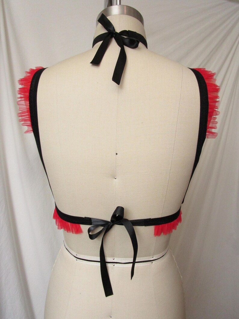 Red Ruffle Black Cage Bra with Choker Ribbon Collar Body Harness Goth Pinup Lingerie