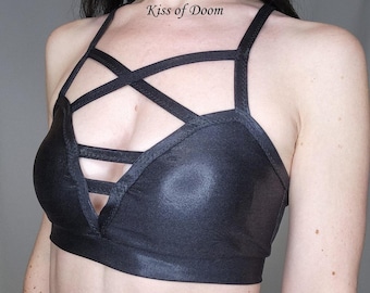 Black Strappy Stretch Halter Women's Goth Crop Top