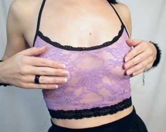 Lavender Lace Sheer Crop Cami Tank Top Pastel Goth Lingerie Bralette Black Halter Straps