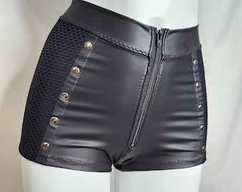 STUDDED FISHNET Overlay Mini Shorts Women's Goth Punk Industrial Black High Waist Zip Up Stretch Faux Leather Hot Pants