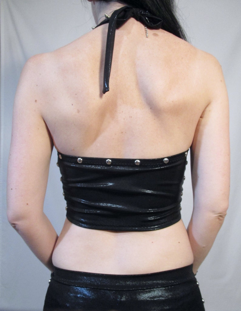 STUDDED Sleek Black Crop Tank Top Silver Metal Studs, D-Ring Halter Straps Goth Punk Rock Alternative Wear image 5