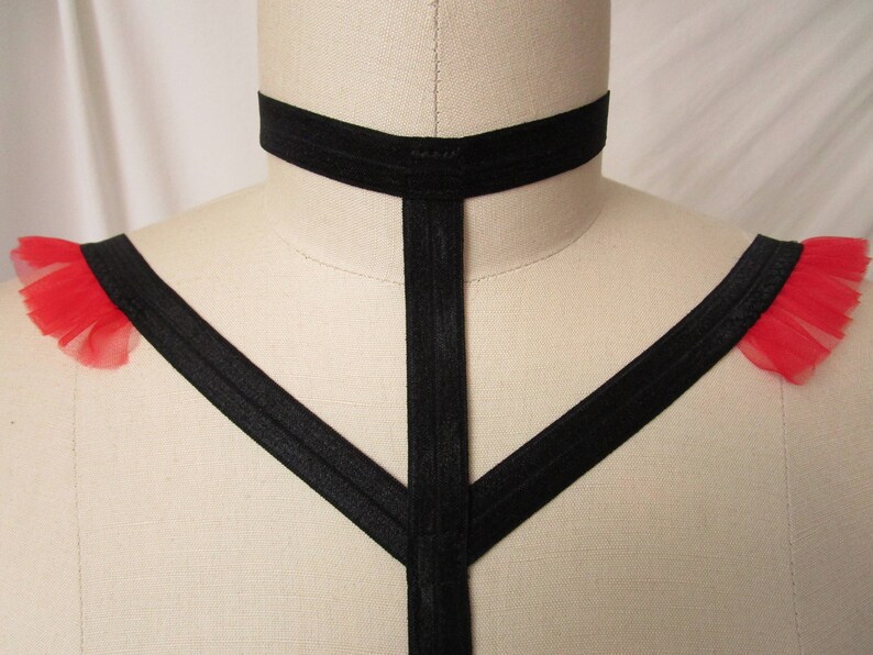 Red Ruffle Black Cage Bra with Choker Ribbon Collar Body Harness Goth Pinup Lingerie