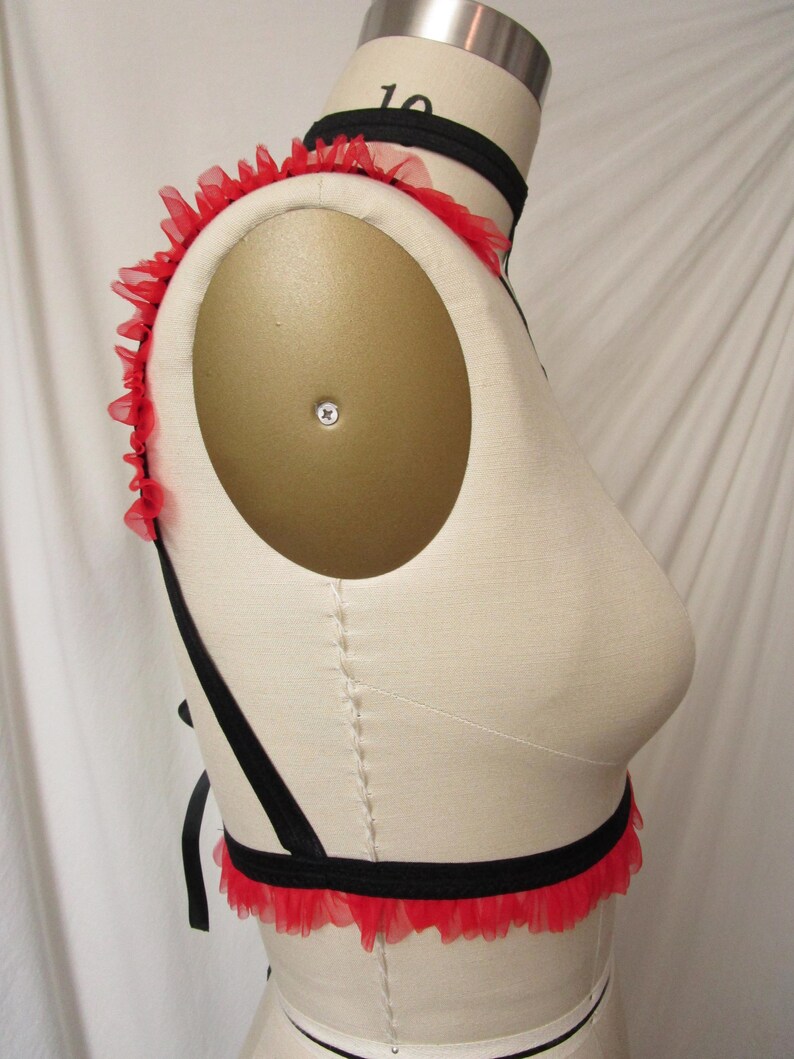 Red Ruffle Black Cage Bra with Choker Ribbon Collar Body Harness Goth Pinup Lingerie