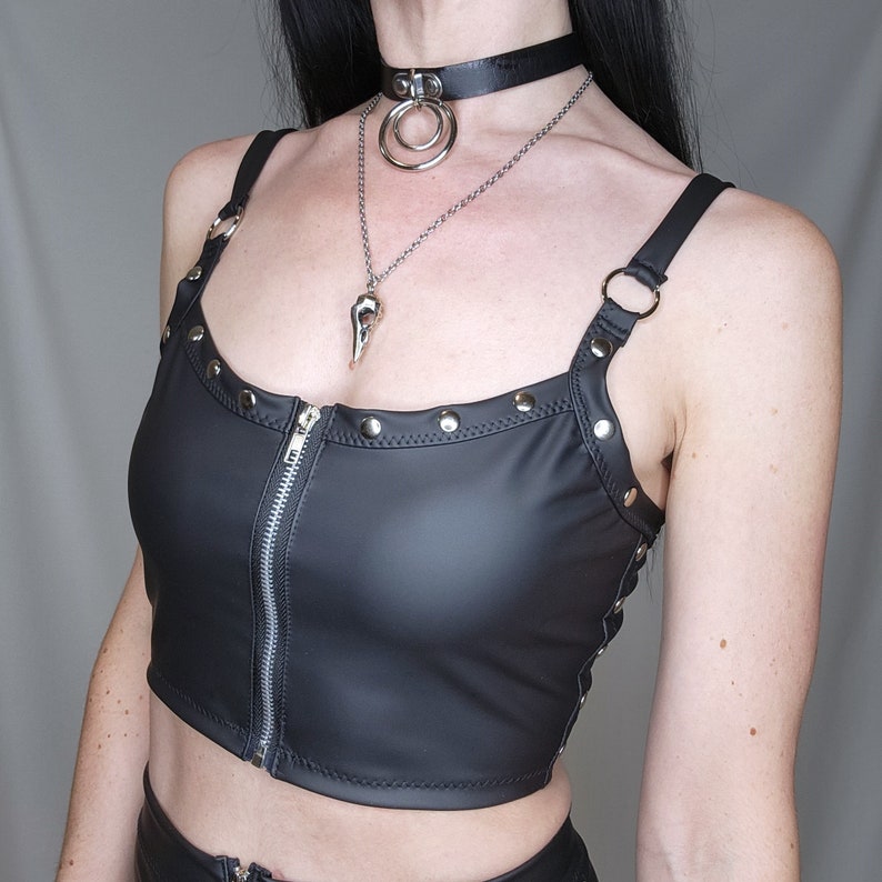 STUDDED Faux Leather Zip Up Women's Goth Rock Matte Black Crop Tank Top, O-Ring Straps image 1