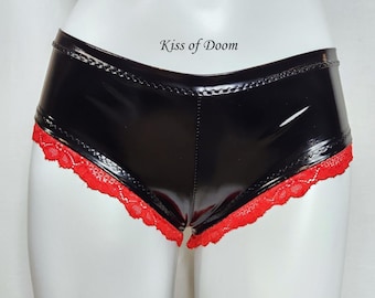 Black PVC Red Lace Hem Women's Goth Mini Shorts