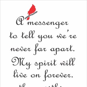 May include: A red cardinal bird perched on a branch with the text "A messenger to tell you we're never far apart. My spirit will live on forever. There within your heart."
