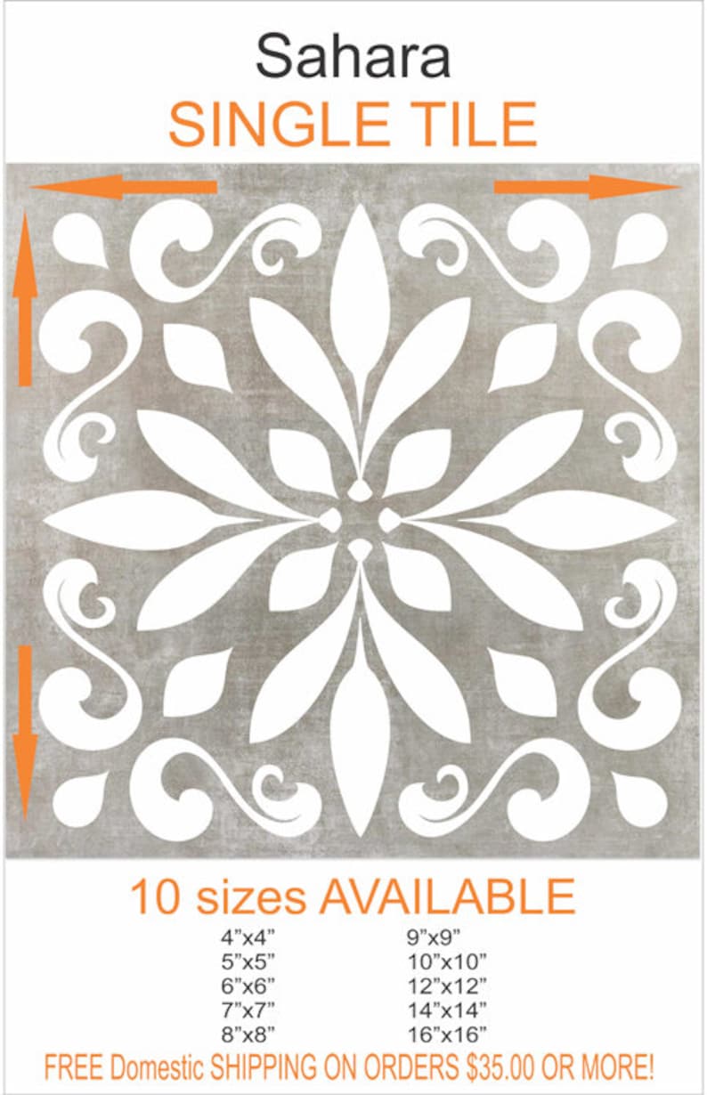 May include: A single tile with a white floral pattern on a gray background. The tile is available in 10 sizes, ranging from 4 inches by 4 inches to 16 inches by 16 inches. Free domestic shipping on orders of $35.00 or more.