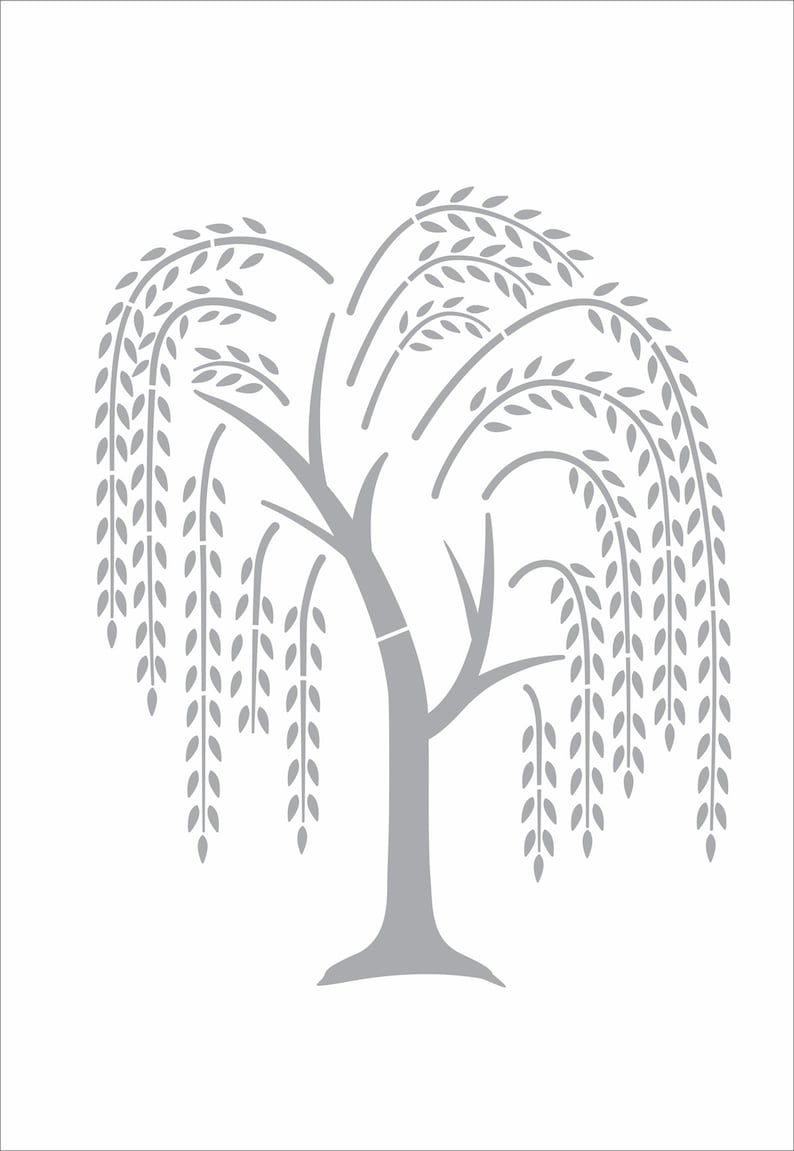 May include: A gray silhouette of a weeping willow tree with branches that droop down and leaves that are stylized as small ovals.