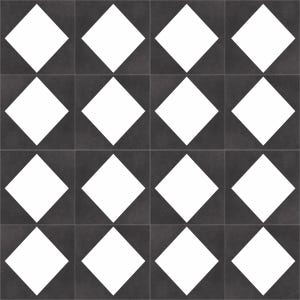 May include: A repeating pattern of sixteen tiles. Each tile is square, with a dark gray background and a white diamond shape in the center. The diamonds are evenly spaced, creating a grid-like design.