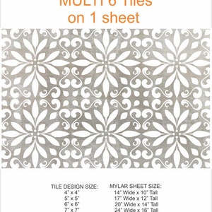May include: A sheet of six decorative tiles with a white floral pattern on a gray background. The tiles are available in four sizes: 4x4 inches, 5x5 inches, 6x6 inches, and 7x7 inches. The sheet is available in four sizes: 14x10 inches, 17x12 inches, 20x14 inches, and 24x16 inches. Custom sizes are available. Free domestic shipping on orders of $35.00 or more.