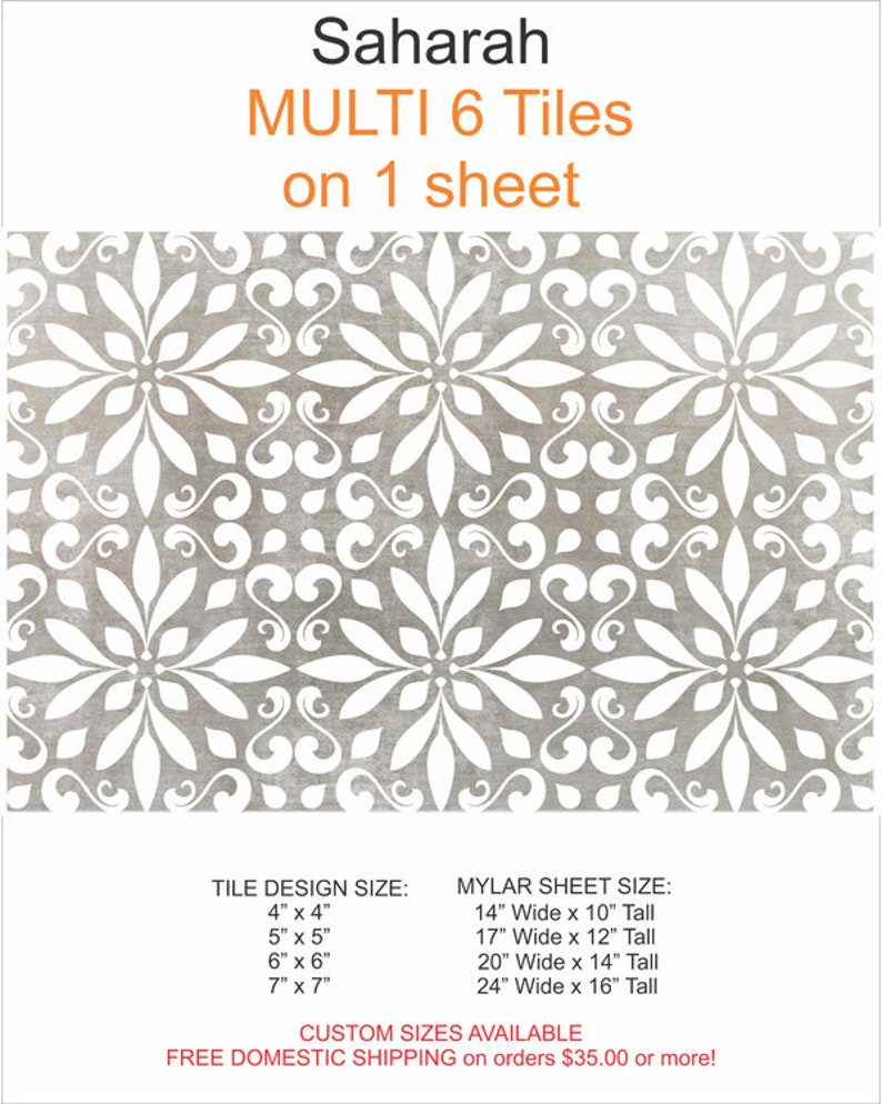 May include: A sheet of six decorative tiles with a white floral pattern on a gray background. The tiles are available in four sizes: 4x4 inches, 5x5 inches, 6x6 inches, and 7x7 inches. The sheet is available in four sizes: 14x10 inches, 17x12 inches, 20x14 inches, and 24x16 inches. Custom sizes are available. Free domestic shipping on orders of $35.00 or more.