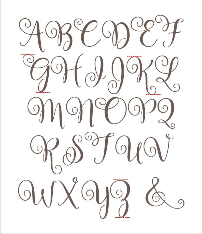 May include: A decorative alphabet with a cursive font and swirls. The letters are in brown and are arranged in alphabetical order.
