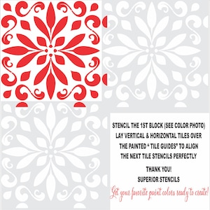 May include: A stencil design for creating a repeating tile pattern. The stencil is shown in red on a white background. The instructions for using the stencil are included: "Stencil the 1st block (see color photo) Lay vertical & horizontal tiles over the painted "tile guides" to align the next tile stencils perfectly Thank you! Superior Stencils Get your favorite paint colors ready to create!"
