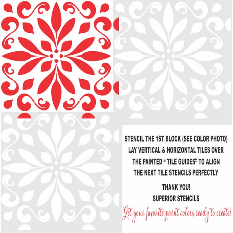 May include: A stencil design for creating a repeating tile pattern. The stencil is shown in red on a white background. The instructions for using the stencil are included: "Stencil the 1st block (see color photo) Lay vertical & horizontal tiles over the painted "tile guides" to align the next tile stencils perfectly Thank you! Superior Stencils Get your favorite paint colors ready to create!"