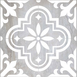 May include: A white tile with a gray background featuring a geometric pattern with a flower in the center.