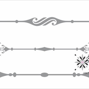 May include: Three gray decorative divider lines with different designs. The top line has a double-swirl design, the middle line has a diamond shape, and the bottom line has a flower design. The text "Superior Stencils uniquely you! USA Trademark ®" is in the bottom right corner.