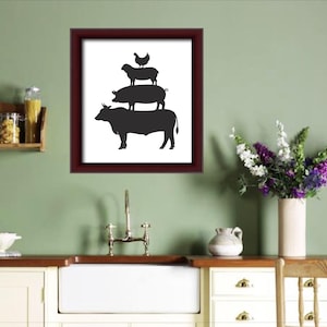 May include: Black and white silhouette of a cow, pig, sheep, and chicken stacked on top of each other. The animals are in a framed print with a white background.