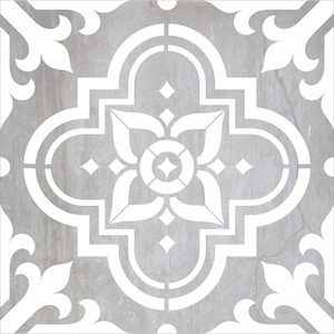 May include: A gray and white ceramic tile with a geometric pattern. The tile has a distressed look, with a white design on a gray background.