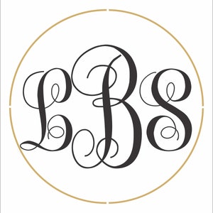 May include: A monogram with the letters "LBS" in a black script font inside a gold circle.