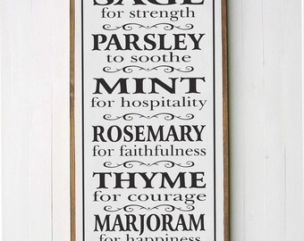May include: A white wooden sign with black text listing herbs and their associated qualities. The sign reads: "SAGE for strength, PARSLEY to soothe, MINT for hospitality, ROSEMARY for faithfulness, THYME for courage, MARJORAM for happiness."