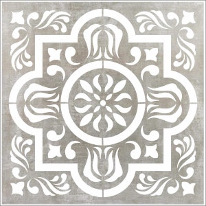May include: A gray square tile with a white geometric pattern. The pattern features a central circle with four petals, surrounded by four stylized tulips, and a border of swirling leaves.