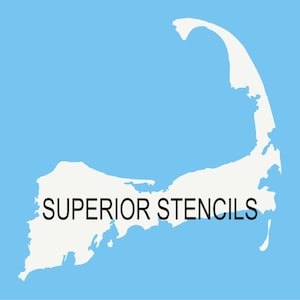 May include: A white silhouette of Cape Cod with the text "SUPERIOR STENCILS" in black lettering.