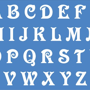 May include: A white alphabet in a decorative font on a blue background. The letters are stylized with flourishes and swirls.